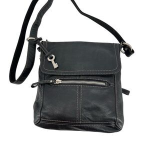 Fossil Hanover Pebbled Leather Crossbody Messenger Bag Black Zip Foldover VTG